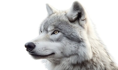 A detailed profile view of a majestic white wolf against a plain background.