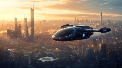 Flying vehicle travels city at golden sunset with distant buildings.