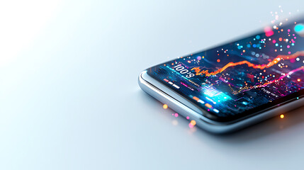 Futuristic smartphone displaying stock trading app interface with vibrant graphs and data visualizations, showcasing modern technology and finance