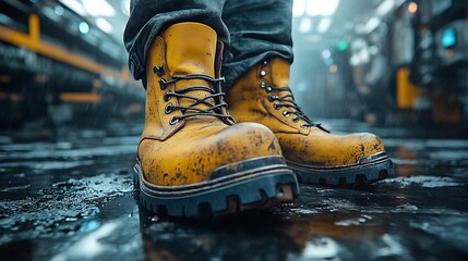 A close-up of sturdy steel-toed boots with oil stains on a slightly wet metallic floor, blurred conveyor belts and control panels in the background,