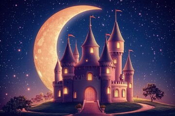Fototapeta premium Enchanting castle illuminated by a crescent moon in the night sky.