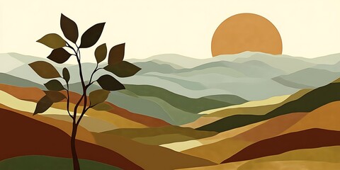 Sunset Mountain Landscape with Tree.