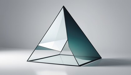 Glass pyramid with dark teal and white panels, geometric shape on white background.