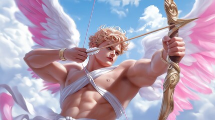 Majestic angel archer aiming skyward with golden bow and pink wings