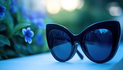 Black cat-eye sunglasses outdoors, floral background, summer fashion