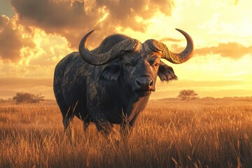 Naklejka premium A majestic buffalo stands in a sunlit grassland at sunset, symbolizing the tranquility and grandeur of nature.