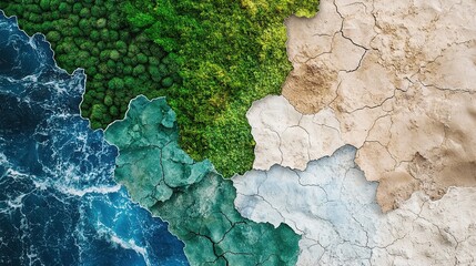 Four sections of terrain forest, sea, arid, and cracked.