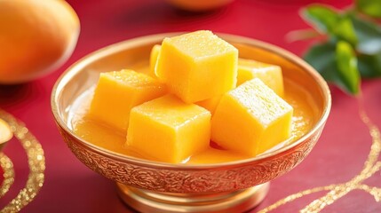 Mango pudding cubes floating in a moonlit golden bowl, swirling red and gold background, ethereal festive styling