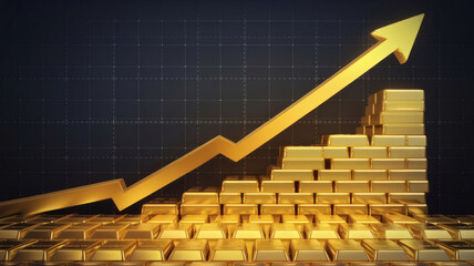 Illustration of gold bars stacked with a rising graph in the background, symbolizing the increasing value of gold investment and price trends.