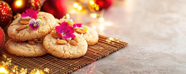 Almond cookies garnished with edible flowers, plated on a bamboo mat, surrounded by glowing red and gold festive elements