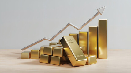 Illustration of gold bars stacked with a rising graph in the background, symbolizing the increasing value of gold investment and price trends.