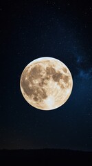 A luminous full moon casting ethereal light, vibrant stars forming a radiant cosmic dance