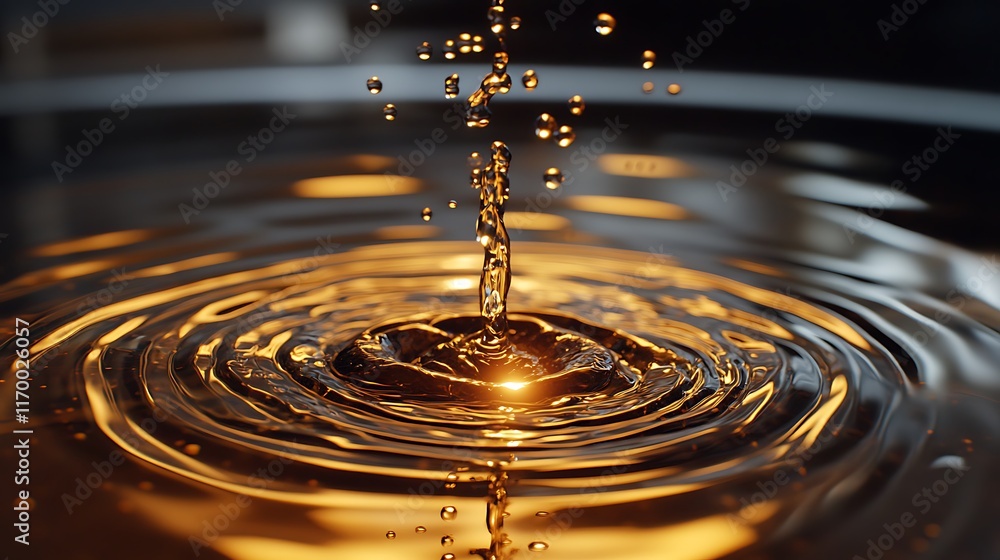 Poster glittering water drops cascading in slow motion, reflecting light as they fall, creating a serene an