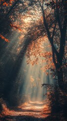 Sunlight beams through a canopy of trees in a lush forest