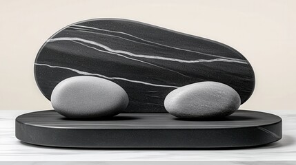 Zen minimalist still life with smooth black marble stones and tranquil backdrop