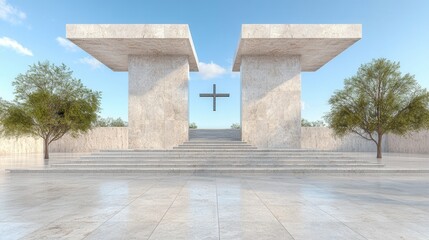 Modern minimalist church architecture with steps leading to cross under clear sky