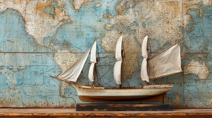 Antique sailing ship model with a nautical map background