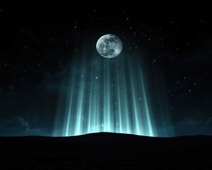 A surreal starlit night with the moon casting radiant beams, celestial patterns forming in the sky