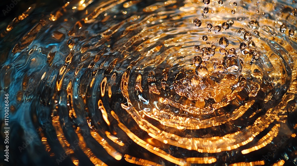 Poster glittering water drops cascading in slow motion, reflecting light as they fall, creating a serene an