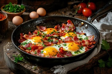 Fototapeta premium Enjoy a hearty breakfast with this classic combination of eggs and bacon.