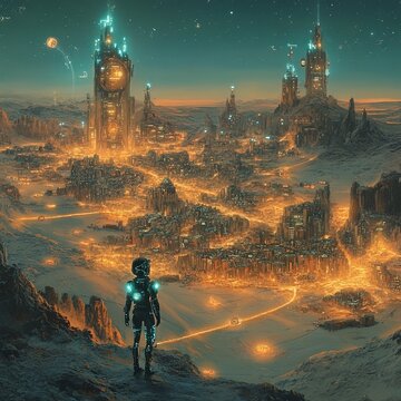 artistic depiction of an AI automaton mapping glowing cities on an alien desert world
