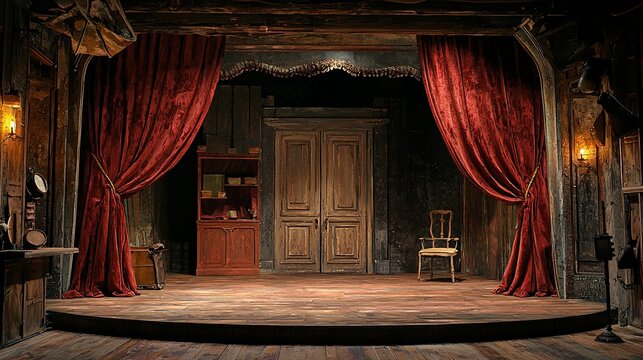 Antique theater stage with velvet curtains and classic props