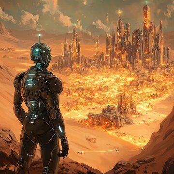 artistic depiction of an AI automaton mapping glowing cities on an alien desert world
