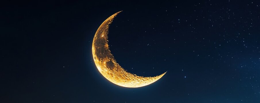 The crescent moon glowing softly in supernatural hues, surrounded by radiant constellations