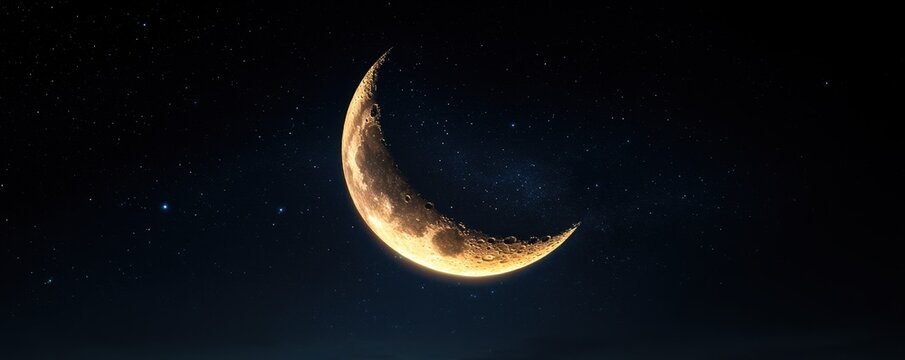 The crescent moon glowing softly in supernatural hues, surrounded by radiant constellations