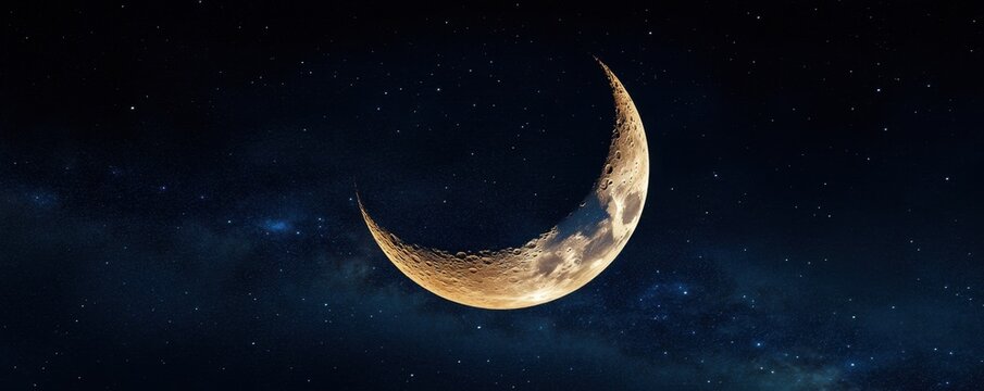 The crescent moon glowing softly in supernatural hues, surrounded by radiant constellations