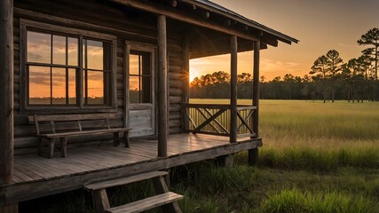 Fototapeta premium Rustic Cabin with a Warm Porch and Stunning Sunset Views Over Palmetto Trees
