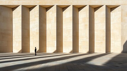 Fototapeta premium Person standing before a large, textured, beige wall with deep vertical recesses, casting long shadows.