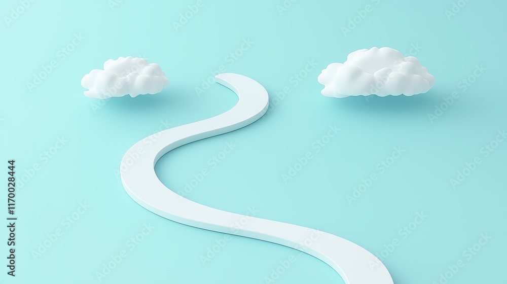 Poster minimalist winding path with clouds on a soft blue background