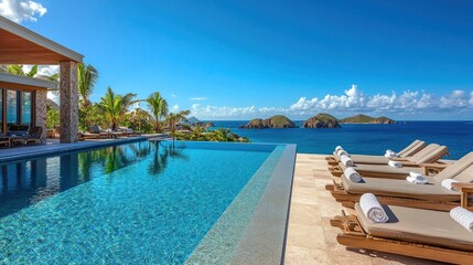 Fototapeta premium Oceanfront infinity pool at a luxurious beach retreat, sparkling under the summer sun with chaise lounges and endless views of the deep blue sea