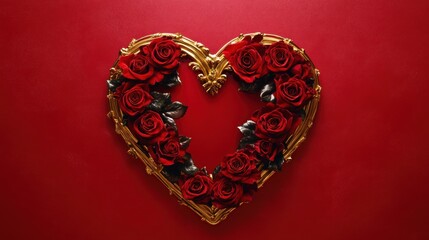 Fototapeta premium On a vibrant red background, a glossy gold-framed heart with deep red roses extending from the center, creating a rich and romantic Valentine's Day scene