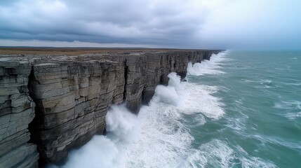 Majestic cliffs and crashing waves under dramatic sky