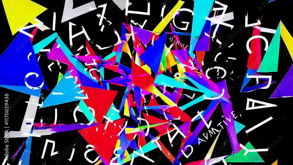 Poster abstract composition featuring colorful geometric shapes and fragmented cubes on a dark background