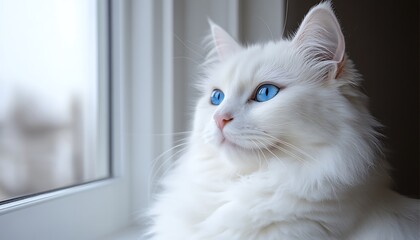 A fluffy white cat with blue eyes gazes out the window, contemplating the view.