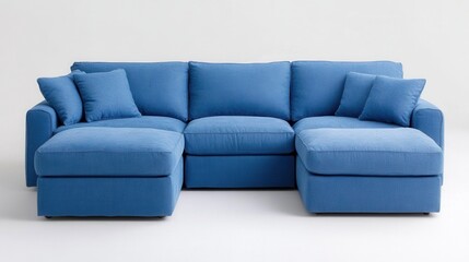 Fototapeta premium Luxurious blue sectional sofa with comfortable cushions in minimalist living room