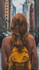 Young woman walking down a city street with a backpack, lost in thought.