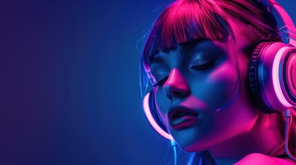 Fototapeta premium Beautiful pink haired woman in futuristic costume on dark blue background, AI generated image
