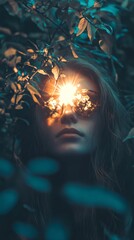 Fototapeta premium Close up of woman's face with sun shining through leaves, creating a surreal and dreamlike image.