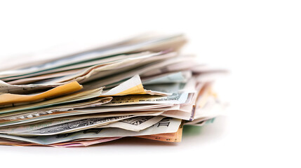 close up view of disorganized pile of various banknotes and papers, conveying sense of financial chaos and abundance