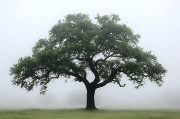Majestic Oak Tree in Misty Meadow Landscape