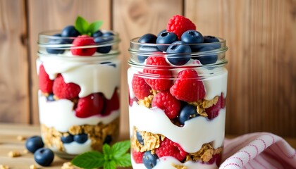 Layered blueberry and raspberry parfaits elegantly presented in mason jars, set against a rustic wooden background