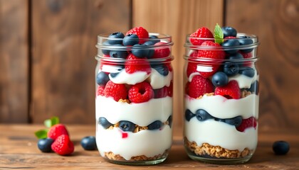 Obraz premium Layered blueberry and raspberry parfaits elegantly presented in mason jars, set against a rustic wooden background