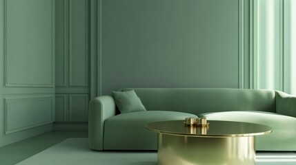 Realistic 3D living room in muted gray-green colors, sleek furniture, a gold-accented lounge table, and a blank wall for home settings