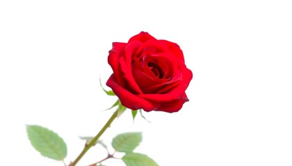 A vibrant red rose in full bloom, isolated against a pure white background