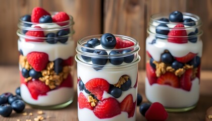 Layered blueberry and raspberry parfaits elegantly presented in mason jars, set against a rustic wooden background