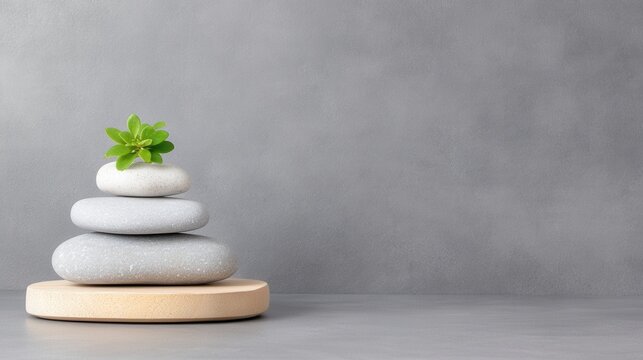 Serene zen stone stack with green plant on smooth wooden base against gray background
